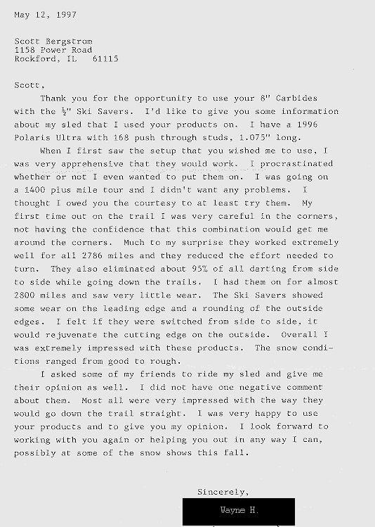 Ski Saver Letter - Bergstrom Skegs, Inc.
